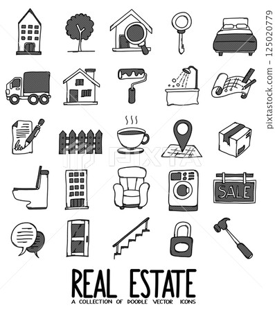 Real Estate Related Doodle vector icon set. Drawing sketch illustration hand drawn line eps10 Real Estate Related Doodle vector icon set. Drawing sketch illustration hand drawn line eps10 125020779