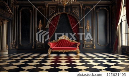 Elegant opulent interior with red velvet furniture in a luxurious black and gold room 125021403