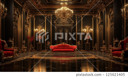 Elegant opulent interior with red velvet furniture in a luxurious black and gold room 125021405