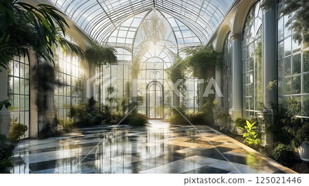 Lush greenery fills a sunlit conservatory with tropical plants and serene water features during a tranquil morning 125021446