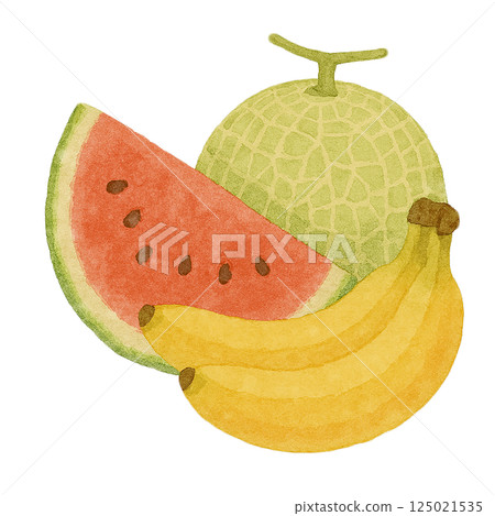 Banana, watermelon, and melon fruit set (watercolor illustration, transparent background) 125021535