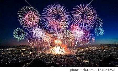 Aerial CG illustration of fireworks exploding in the sky above a city Fireworks festival 125021798