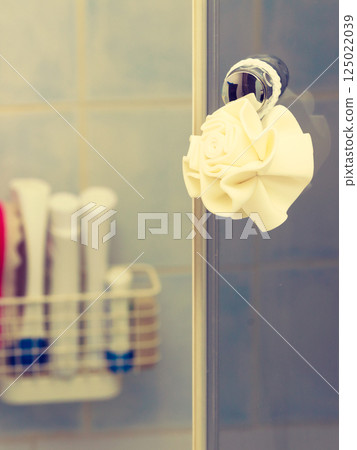 Body sponge hanging on shower glass doors Body sponge hanging on shower glass doors 125022039