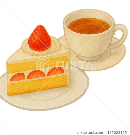 Strawberry shortcake and tea watercolor illustration 125022135