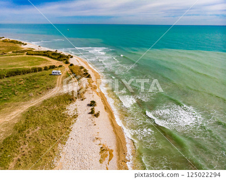 Caravan camping on coast. Aerial view 125022294