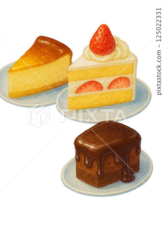 Watercolor illustration of a set of three types of cakes (cheesecake, shortcake, chocolate cake) Watercolor illustration of a set of three types of cakes (cheesecake, shortcake, chocolate cake) 125022331