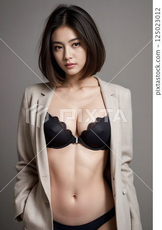 A woman in black underwear wearing a jacket and putting her hands in her pockets 125023012