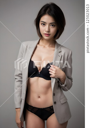 A woman in underwear posing while grabbing the collar of her jacket 125023013