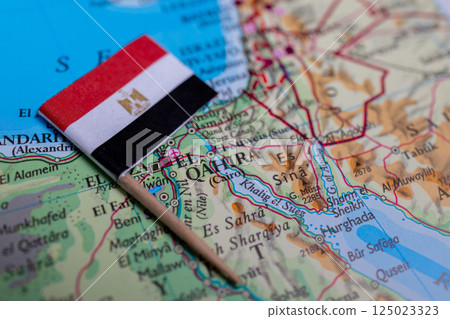 Flag of Egypt close-up on the map. Capital Cairo. Close-up of the world map. Egypt 125023323