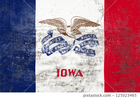 Iowa State Flag. Dirty Iowa state flag on the wall. Iowa State Flag. Dirty Iowa state flag on the wall. 125023465