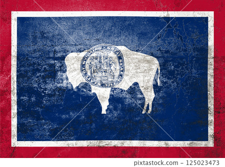 Wyoming State Flag. Dirty Wyoming state flag on the wall. 125023473