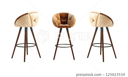 Stylish bar stools with modern design featuring plush, tufted seat and wooden legs. Perfect for adding elegance to any bar or kitchen setting Stylish bar stools with modern design featuring plush, tufted seat and wooden legs. Perfect for adding elegance to any bar or kitchen setting 125023534