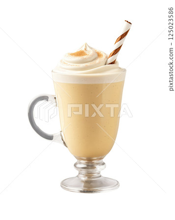 Creamy Eggnog with a dusting of nutmeg, rich yellow and white hues, isolated on transparent background, dynamic moti 125023586