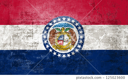 Missouri State Flag. Dirty Missouri state flag on the wall. Missouri State Flag. Dirty Missouri state flag on the wall. 125023600