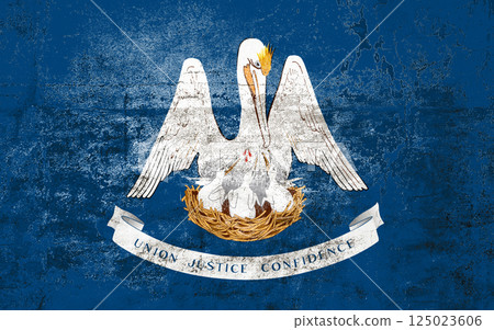 Louisiana State Flag. Dirty Louisiana state flag on the wall. Louisiana State Flag. Dirty Louisiana state flag on the wall. 125023606