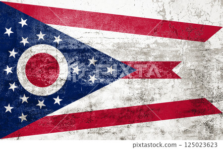 Ohio State Flag. Dirty Ohio state flag on the wall. 125023623