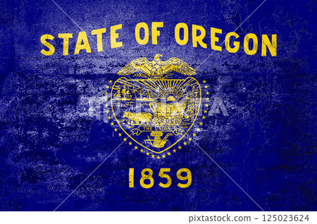Oregon State Flag. Dirty Oregon state flag on the wall. 125023624