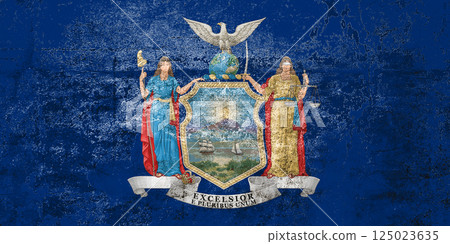 New York State Flag. Dirty New York state flag on the wall. New York State Flag. Dirty New York state flag on the wall. 125023635