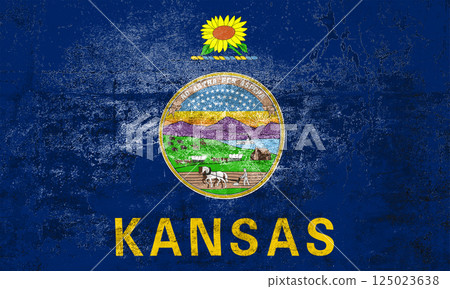 Kansas State Flag. Dirty Kansas state flag on the wall. Kansas State Flag. Dirty Kansas state flag on the wall. 125023638