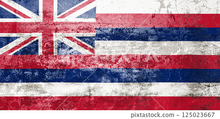 Hawaii State Flag. Dirty Hawaii state flag on the wall. 125023667