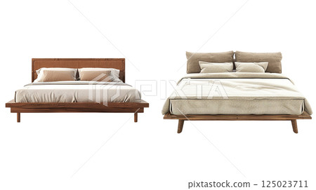Modern wooden beds with soft bedding and decorative pillows create cozy atmosphere in any bedroom. stylish designs enhance comfort and elegance 125023711