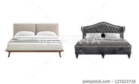 Modern bed designs showcase blend of comfort and style, featuring minimalist wooden frame on left and elegant tufted headboard on right. Both beds offer cozy retreat for restful nights 125023716