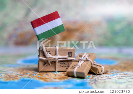 Flag of Hungary near the parcels on the world map. World trade. Exports and imports of goods. Economy of the country 125023780