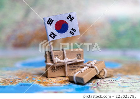 Flag of South Korea near the parcels on the world map. World trade. Exports and imports of goods. Economy of the country. 125023785