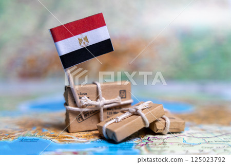 Flag of Egypt near the parcels on the world map. World trade. Exports and imports of goods. Economy of the country. Flag of Egypt near the parcels on the world map. World trade. Exports and imports of goods. Economy of the country. 125023792
