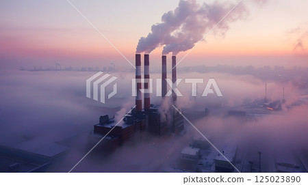 Industry chimney factory smoke emission air pollution environmental problem damage, climate change global warming tower manufacturing, nature plant toxic energy production, wind electricity renewable 125023890