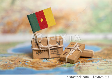 Packages wrapped in brown paper with a Cameroon flag on top, symbolizing cross-continental delivery services and logistics operations worldwide. 125023984
