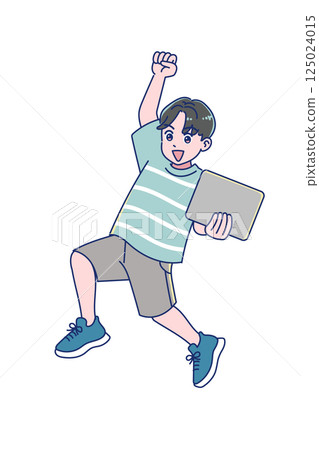 一名小學男孩微笑著跳躍 125024015