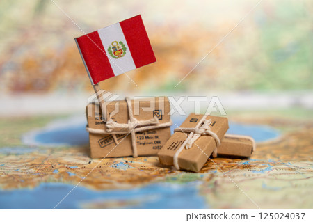 International Shipping and Delivery Services: Small Parcels with Peruvian Flag on World Map Background, Global Postal Logistics Concept International Shipping and Delivery Services: Small Parcels with Peruvian Flag on World Map Background, Global Postal Logistics Concept 125024037