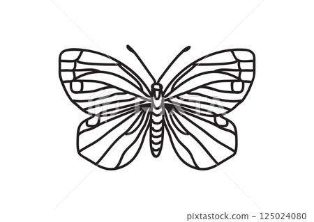 Line art botanical butterfly, drawing black outline isolated on white background. Hand drawn butterfly vector illustration. Graphic design doodle element for Birthday Coloring Card Print Icon Symbol 125024080