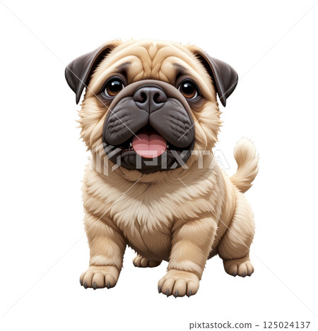 Adorable cartoon pug puppy with cheerful expression, big round eyes, and wagging tail, showcasing its playful and friendly nature. Perfect for pet themed designs. 125024137