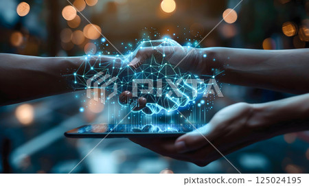 handshake above tablet with connection showing success business deal cooperation using online wireless internet network working innovation professional meeting partnership collaboration coworker 125024195