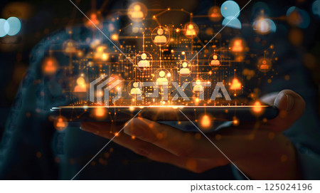 Hands hold tablet human hologram icon showing network connection technology communication with each other using digital media social device innovation, human resource online recruitment management 125024196