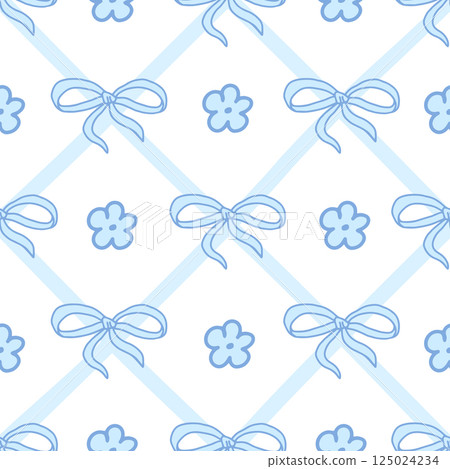Coquette Blue Bow with Daisy Pattern. Pretty Girly Print on Pastel Blue Cross Ribbon background. Trendy feminine Romantic Template for greeting cards, wedding, fabric, wrapping. Vector Illustration. Coquette Blue Bow with Daisy Pattern. Pretty Girly Print on Pastel Blue Cross Ribbon background. Trendy feminine Romantic Template for greeting cards, wedding, fabric, wrapping. Vector Illustration. 125024234