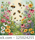 Spring background material with rose flowers and bees flying 125024255