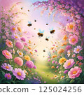 Illustration of a butterfly dancing among wisteria flowers 125024256