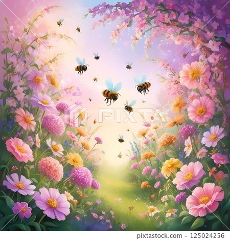 Illustration of a butterfly dancing among wisteria flowers 125024256