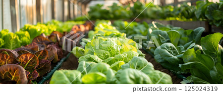 Lush rows of fresh lettuce and greens thrive in spacious greenhouse, basking in warm sunlight, organic vegetables farming agriculture healthy growth nature plant cultivation garden spring harvest Lush rows of fresh lettuce and greens thrive in spacious greenhouse, basking in warm sunlight, organic vegetables farming agriculture healthy growth nature plant cultivation garden spring harvest 125024319