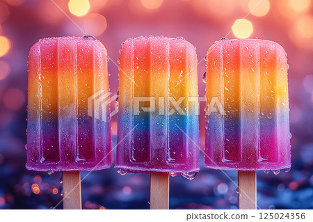 Popsicle with rainbow colors on a long stick on a summer background. Summer fun. Retro style. Popsicle with rainbow colors on a long stick on a summer background. Summer fun. Retro style. 125024356