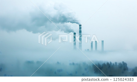Industry chimney factory smoke emission air pollution environmental problem damage, climate change global warming tower manufacturing, nature plant toxic energy production, wind electricity renewable 125024383