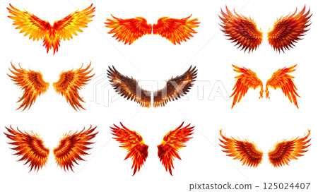 vibrant set of angel wings with fiery hues on transparent background, evoking sense of power and mystique vibrant set of angel wings with fiery hues on transparent background, evoking sense of power and mystique 125024407