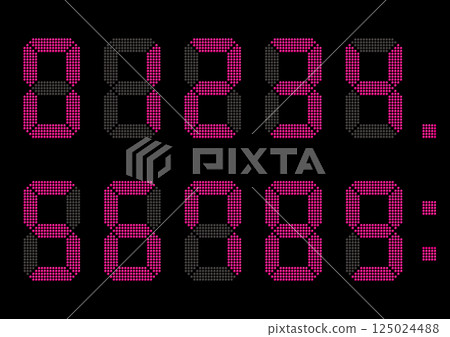 Digital numbers on electronic display board, pink 125024488