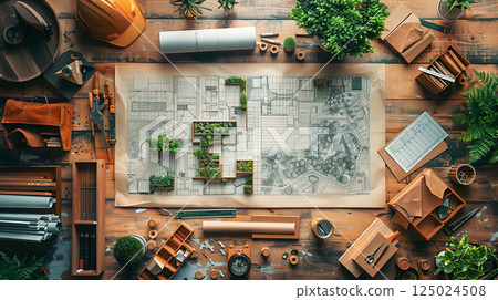 Architect workspace design creativity blueprints drafting planning on wooden table with tools pencils ruler lamp sketches paper stationery documents indoor modern office home furniture setup studio 125024508