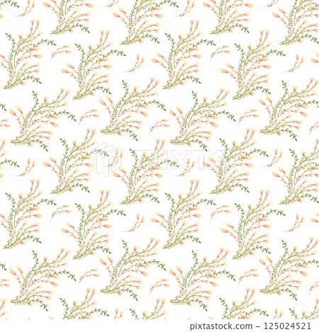 Tiny wildflowers herbs grass in watercolor warm spring tones on seamless pattern isolated on white. Hand drawn pink toadflax flowers for floral background, home cottagecore decor, gift wrapping. 125024521