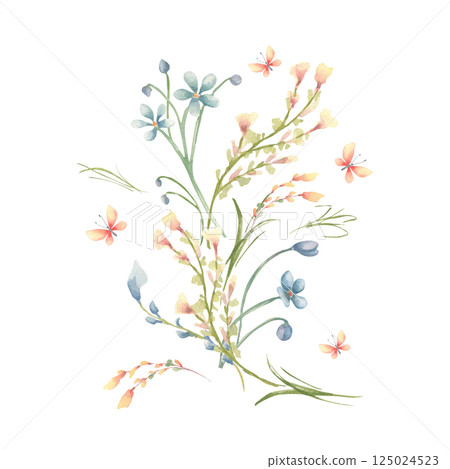 Delicate watercolor floral elements with soft peach yellow and blue wildflowers and butterflies isolated. Tiny flowers hand drawn botanical sketch. Cottagecore design for greeting card, stationery. 125024523