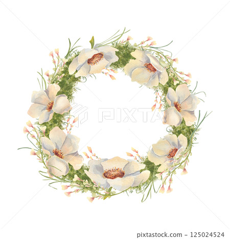 Watercolor wreath with lush green moss, wild greenery, and soft white flowers isolated on white. Hand painted botanical circle frame in rustic for greeting cards, packaging, wedding invitations. 125024524
